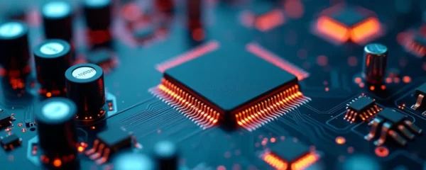Rappresentazione simbolica di componenti elettronici moderni in un circuito integrato con dettagli luminosi e un design pulito