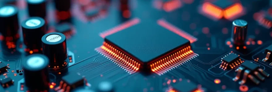 Rappresentazione simbolica di componenti elettronici moderni in un circuito integrato con dettagli luminosi e un design pulito
