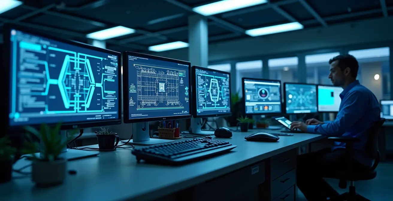 Vista concettuale di un laboratorio elettronico con schermi che mostrano simulazioni di circuiti in tempo reale