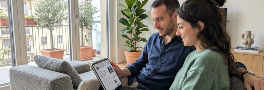 Una coppia italiana di circa trent'anni seduta su un divano contemporaneo in un soggiorno luminoso consulta insieme uno schermo di tablet