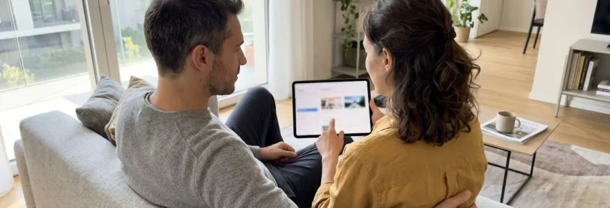 Una coppia italiana di circa trent'anni seduta su un divano contemporaneo in un soggiorno luminoso consulta insieme uno schermo di tablet