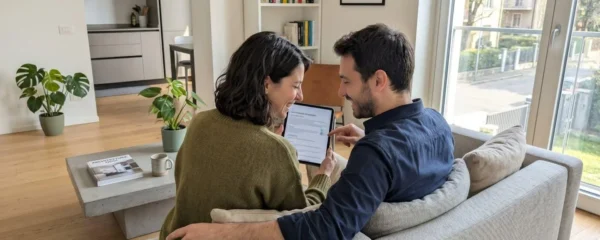 Una coppia italiana di circa trent'anni seduta su un divano contemporaneo in un soggiorno luminoso consulta insieme uno schermo di tablet