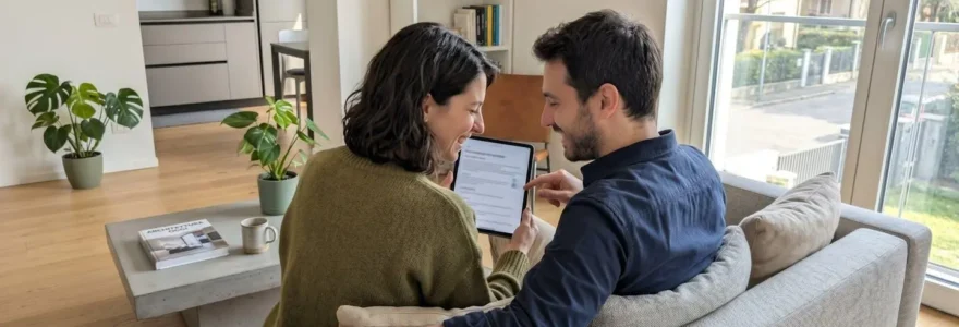 Una coppia italiana di circa trent'anni seduta su un divano contemporaneo in un soggiorno luminoso consulta insieme uno schermo di tablet