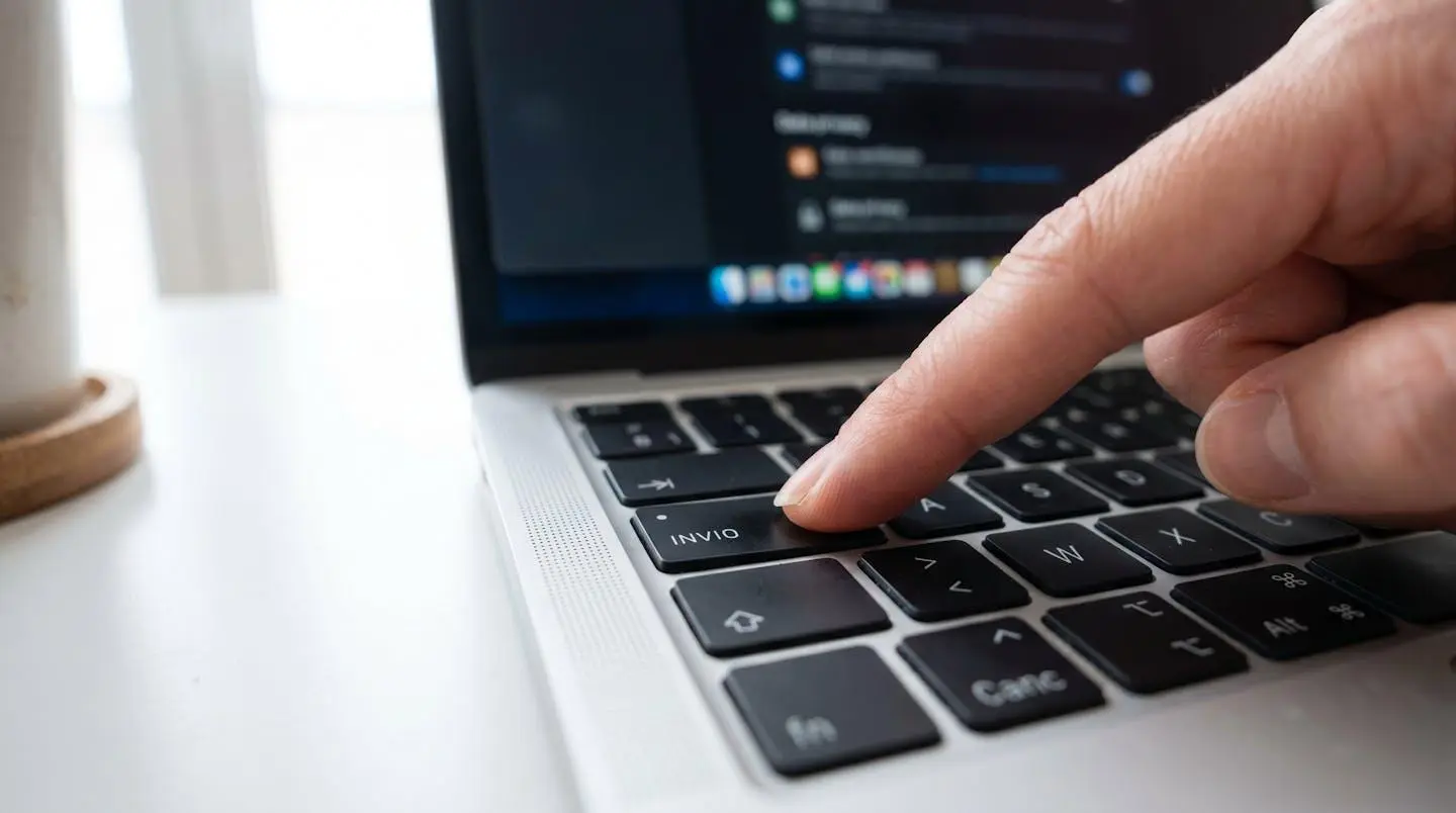 Primo piano estremo di una tastiera di laptop moderna con un dito che preme il tasto Invio, schermo visibile ma completamente sfocato sullo sfondo