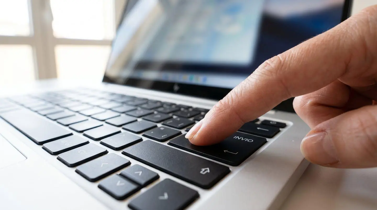 Primo piano estremo di una tastiera di laptop moderna con un dito che preme il tasto Invio, schermo visibile ma completamente sfocato sullo sfondo