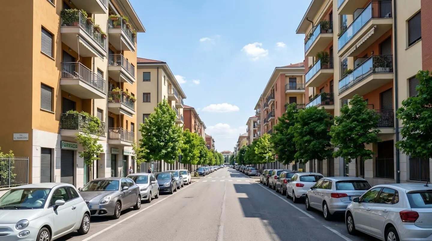 Vista grandangolare di una strada residenziale italiana contemporanea con palazzi in stile architettonico europeo, ambiente urbano pulito, auto parcheggiate, alberi lungo il marciapiede