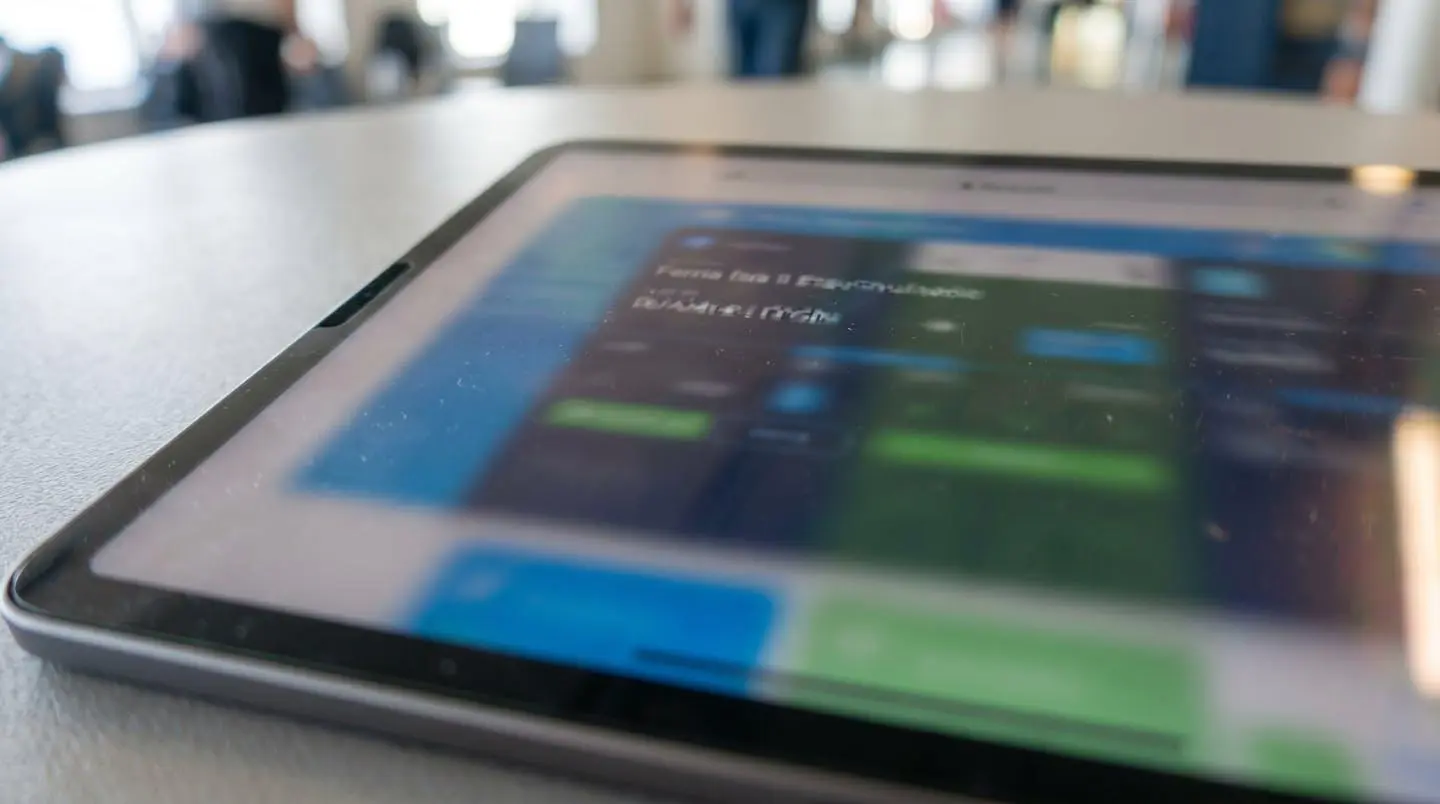 Primo piano ravvicinato di un biglietto di imbarco per traghetto visualizzato sullo schermo di un tablet moderno, con il testo completamente sfocato e superficie pulita