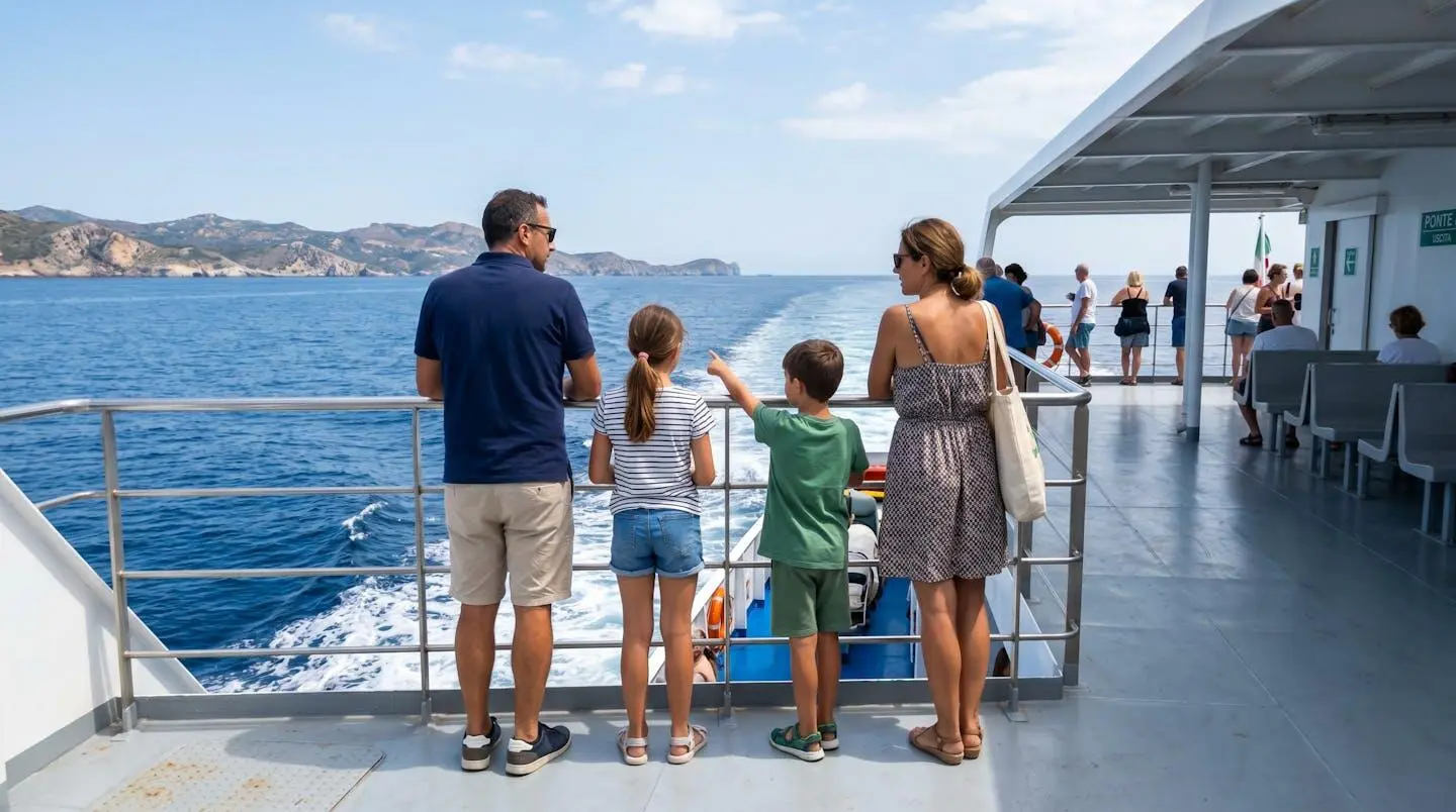 Una famiglia composta da genitori e due bambini osserva il mare Mediterraneo dal ponte di un traghetto moderno, inquadrati di spalle in un momento autentico di viaggio