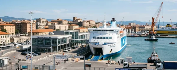 Vista panoramica del porto di Livorno con un traghetto moderno ormeggiato al terminal passeggeri, ambiente marittimo pulito e contemporaneo sotto la luce naturale del Mediterraneo