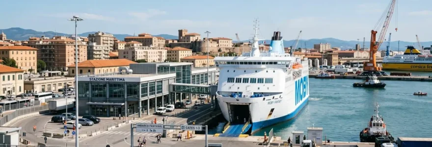 Vista panoramica del porto di Livorno con un traghetto moderno ormeggiato al terminal passeggeri, ambiente marittimo pulito e contemporaneo sotto la luce naturale del Mediterraneo